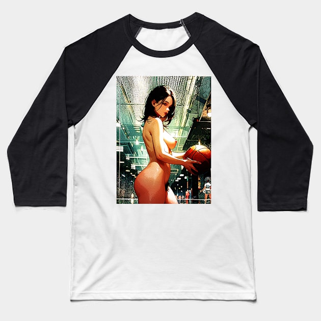 Nude Woman With Basketball In Locker Room Baseball T-Shirt by Korey Watkins